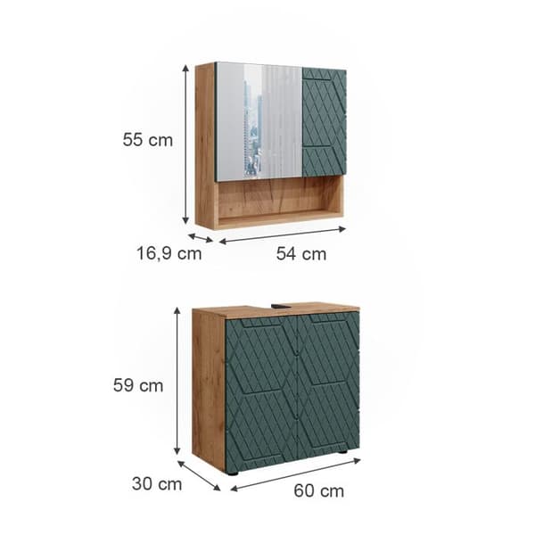 Badrumsinredning Irma, 2 delar, underskåp 60 cm, Grön/guldbrun Ek, Guldbrun Ek, Vicco