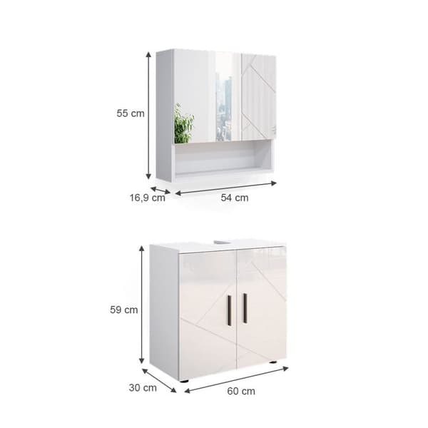 Ensemble meubles bain Irma, 2 delar, låghöjdsskåp 60 cm, Vit hög glans, Vit, Vicco