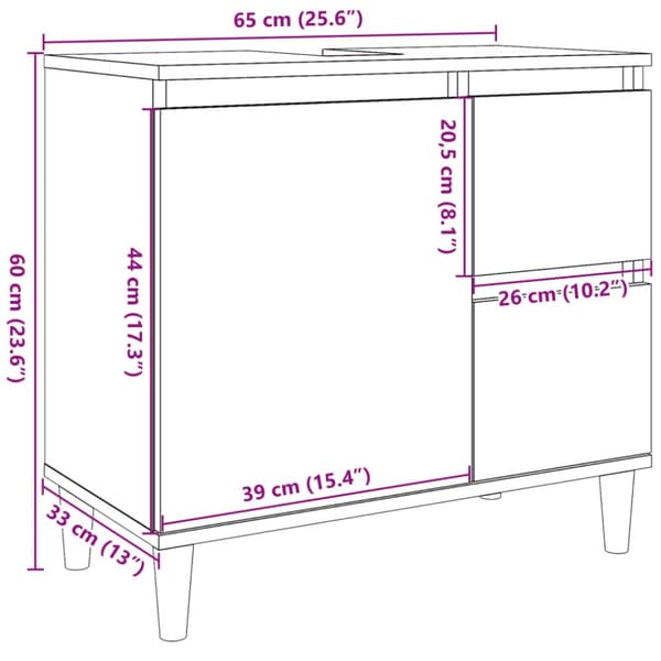 underskab til vask 65x33x60 cm konstrueret træ betongrå