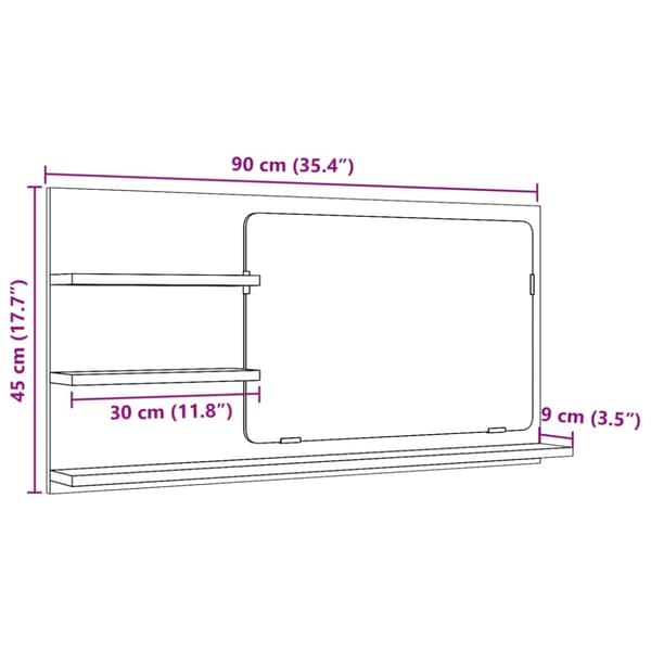 badeværelsesskab med spejl 90x11x45 cm konstrueret træ kunsteg