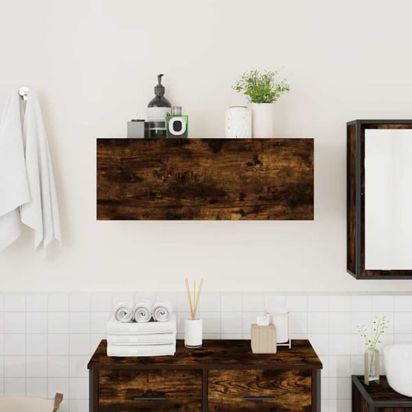 væghængt badeværelsesskab 80x25x30 cm konstrueret træ røget eg