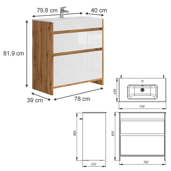 Detmold underdel, 2 delar, 80 cm basenhet, gyllene ek, Högblank vit, Vicco