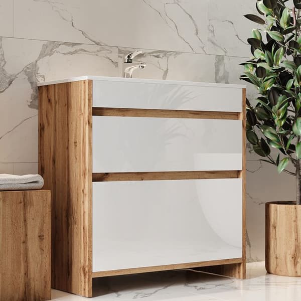 Detmold underdel, 2 delar, 80 cm basenhet, gyllene ek, Högblank vit, Vicco