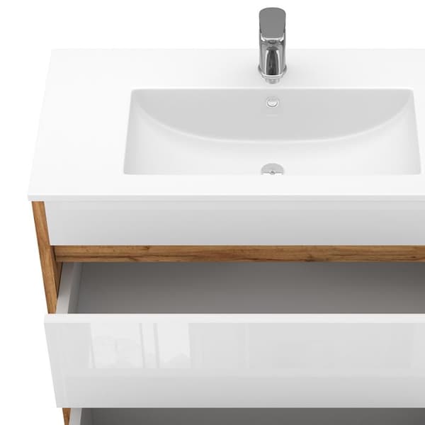 Detmold underdel, 2 delar, 80 cm basenhet, gyllene ek, Högblank vit, Vicco