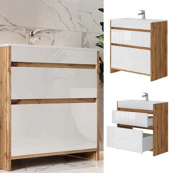 Detmold underdel, 2 delar, 80 cm basenhet, gyllene ek, Högblank vit, Vicco