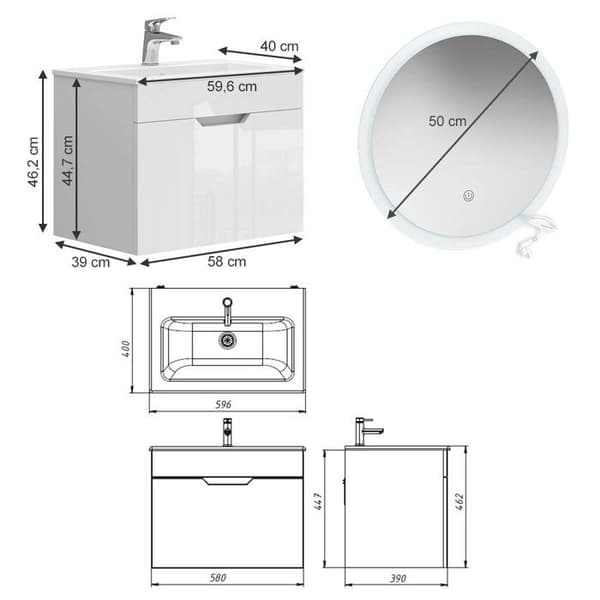 Stefanie möbelset, 3 delar, lågt skåp 60 cm, LED-spegel, Vit, Vicco