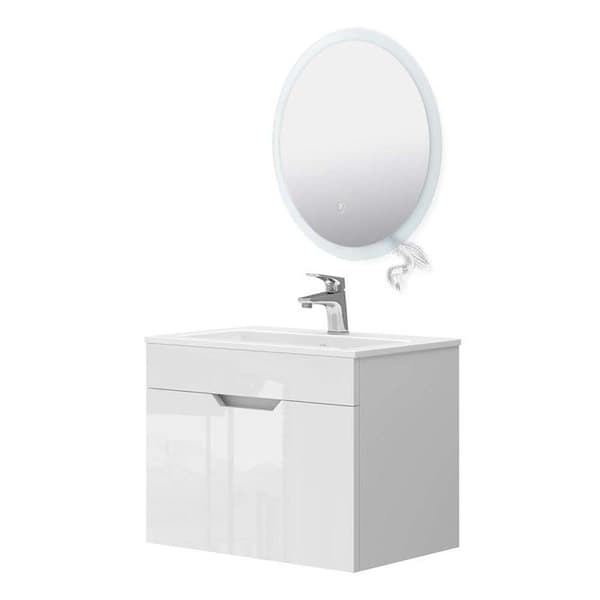 Stefanie möbelset, 3 delar, lågt skåp 60 cm, LED-spegel, Vit, Vicco