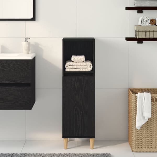 vidaXL Badeværelsesskab Sort egetræ Konstrueret træ 30x30x100 cm