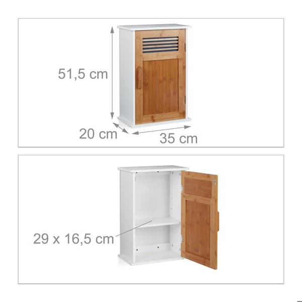 Relaxdays Skåp Badrum WC Väggmonterad MDF Bambu 1 Dörr 2 Fack 51,5 x 35 x 20 cm, Vit-Natur
