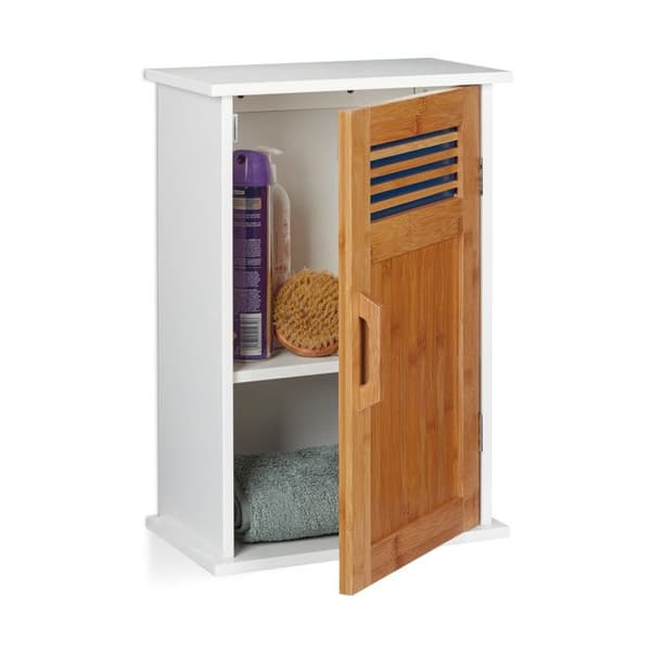 Relaxdays Skåp Badrum WC Väggmonterad MDF Bambu 1 Dörr 2 Fack 51,5 x 35 x 20 cm, Vit-Natur