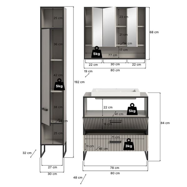 Bagno baderomsinnredning 3 deler inkl. vask lysegrå, kremfarget.