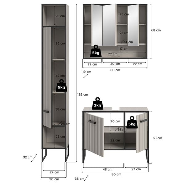 Bagno baderomsinnredning 3 deler lysegrå, kremfarget.