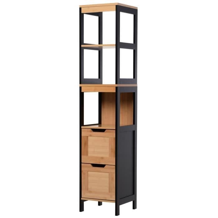 Kolumn lagring badrum mysig stil Sun 30L x 30L x 144 h cm 3 hyllplan 2 lådor MDF svart bambu 30x30x144cm Brown