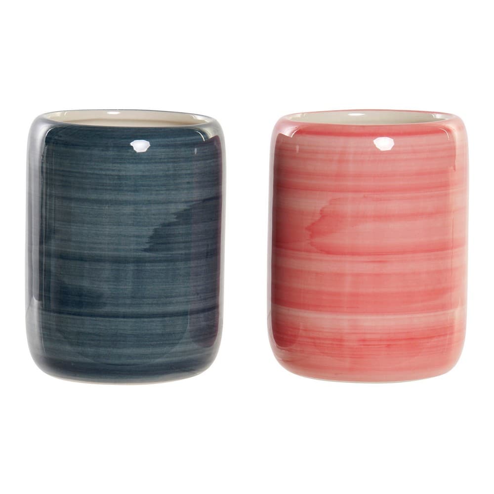 Tannbørste-holder DKD Home Decor Blå Rosa Steintøy (2 pcs) (8 x 8 x 10.5 cm)