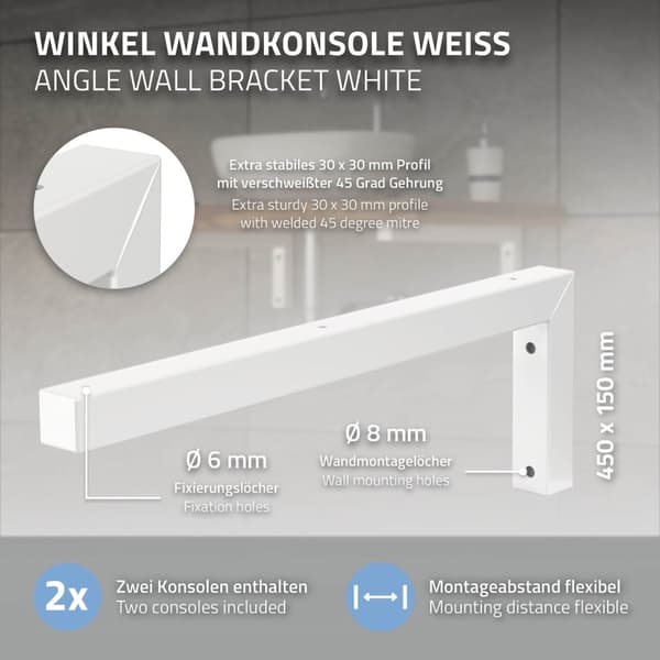 Seinäkiinnikesarja, 2 kpl L-muotoisia kiinnikkeitä 450x150 mm valkoinen teräs ML-muotoilu