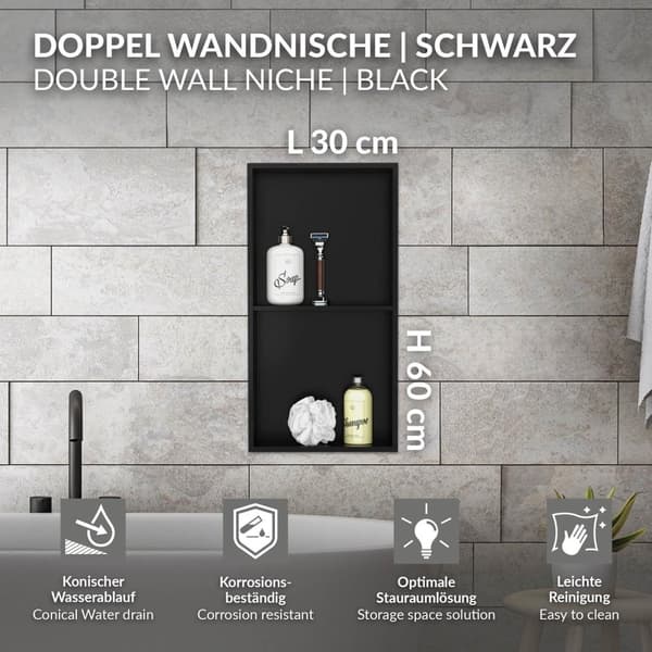 Suihkutarjotin 2 tasoa 60x30 cm musta ruostumaton teräs seinänurkka Suihkutarjotin LuxeBath