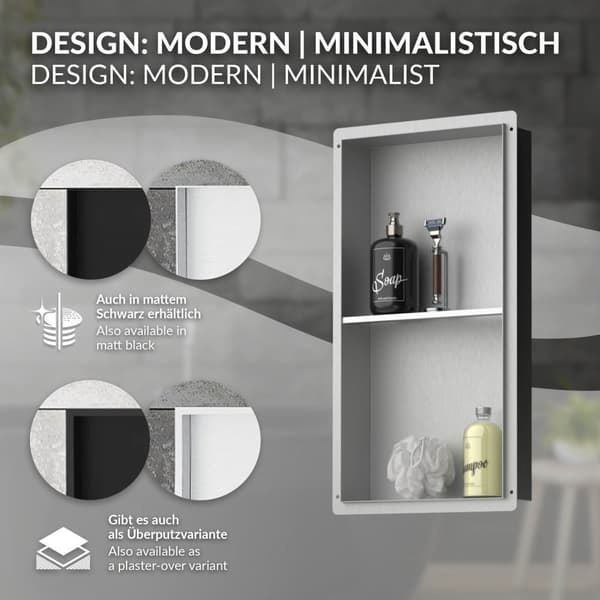 Bruseniche 2 niveauer 60x30 cm sølv rustfrit stål indbygningsramme væg niche bruseniche LuxeBath