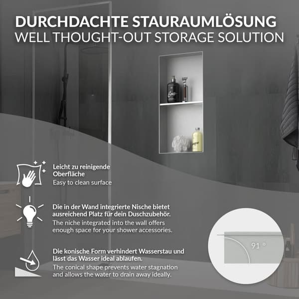 Bruseniche 2 niveauer 60x30 cm sølv rustfrit stål indbygningsramme væg niche bruseniche LuxeBath