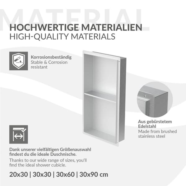 Bruseniche 2 niveauer 60x30 cm sølv rustfrit stål indbygningsramme væg niche bruseniche LuxeBath