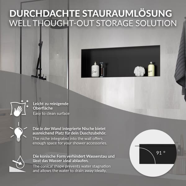 Suihkunurkkaus 90x30 cm musta ruostumaton teräs uppoasennettava runko Seinänurkkaus Suihkutarjotin LuxeBath
