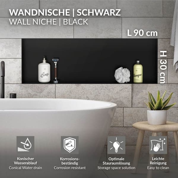 Suihkunurkkaus 90x30 cm musta ruostumaton teräs uppoasennettava runko Seinänurkkaus Suihkutarjotin LuxeBath