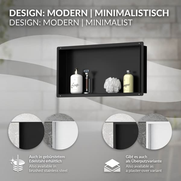 Duschnisch 60x30 cm svart rostfritt stål Infälld ram Väggnisch Duschbricka LuxeBath