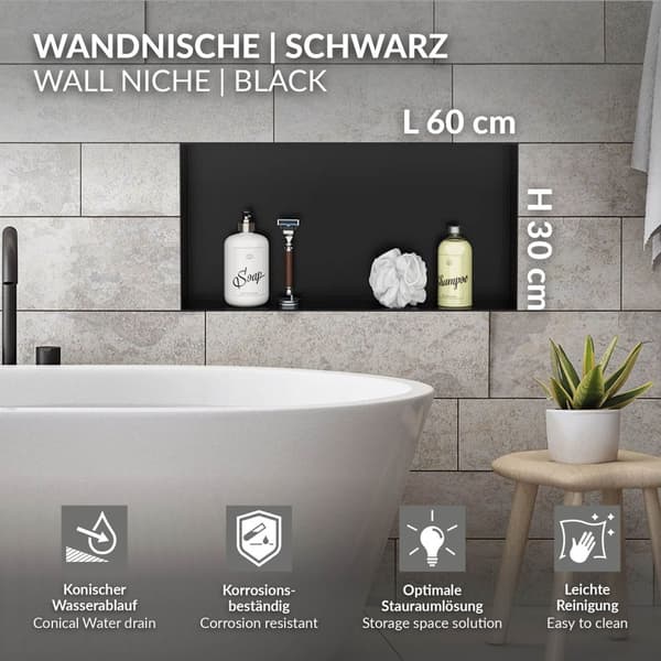 Duschnisch 60x30 cm svart rostfritt stål Infälld ram Väggnisch Duschbricka LuxeBath