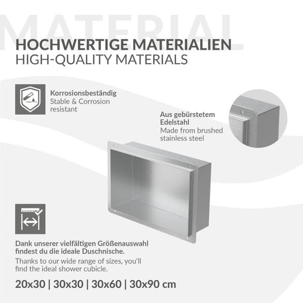 Suihkutarjotin 30x20 cm hopea ruostumaton teräs uppokehys Seinänurkkaus Suihkutarjotin LuxeBath
