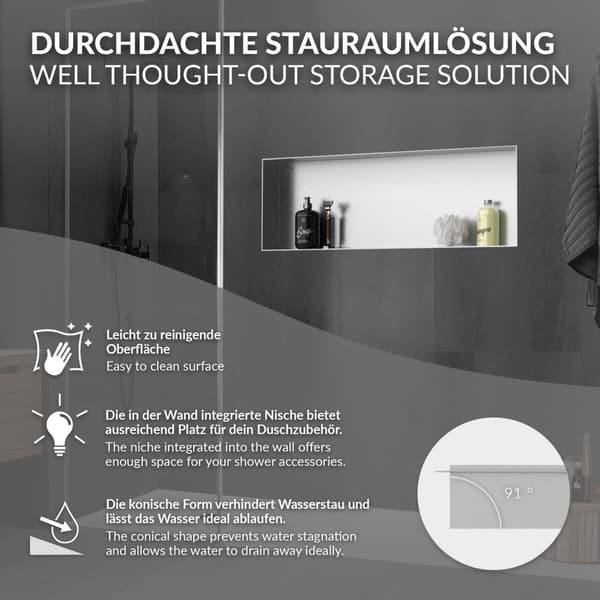Suihkutarjotin 90x30 cm hopea ruostumaton teräs uppokehys seinänurkkaukseen Suihkutarjotin LuxeBath