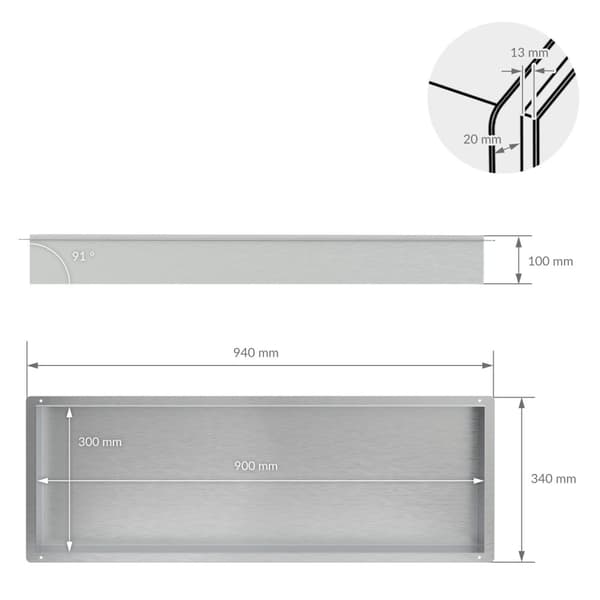 Suihkutarjotin 90x30 cm hopea ruostumaton teräs uppokehys seinänurkkaukseen Suihkutarjotin LuxeBath