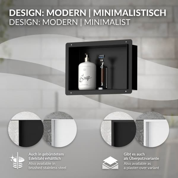 Brusebad 30x20 cm sort rustfrit stål indbygningsramme Vægniche Brusebad LuxeBath