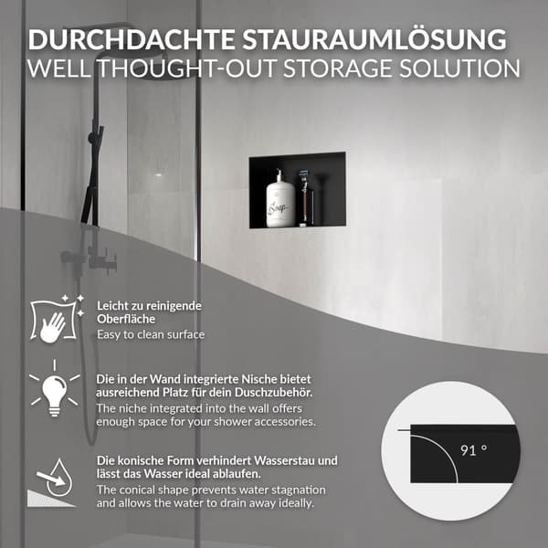 Brusebad 30x20 cm sort rustfrit stål indbygningsramme Vægniche Brusebad LuxeBath