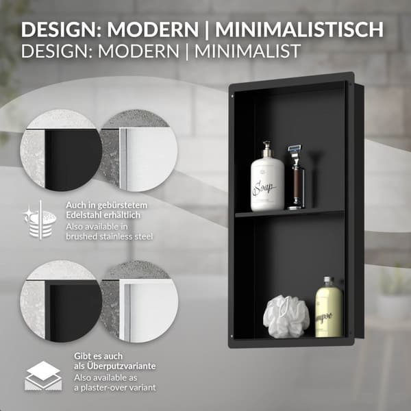 Suihkunurkkaus 2 tasoa 60x30 cm musta ruostumaton teräs uppoasennettava runko seinänurkkaus Suihkutarjotin LuxeBath