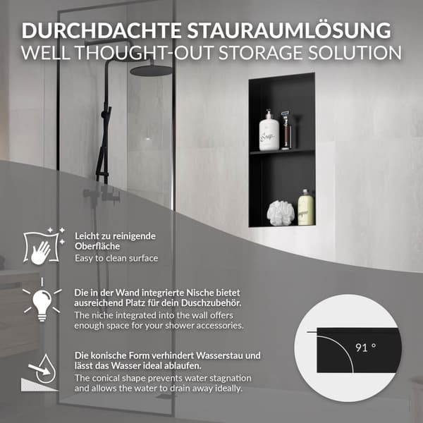 Suihkunurkkaus 2 tasoa 60x30 cm musta ruostumaton teräs uppoasennettava runko seinänurkkaus Suihkutarjotin LuxeBath