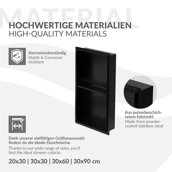 Suihkunurkkaus 2 tasoa 60x30 cm musta ruostumaton teräs uppoasennettava runko seinänurkkaus Suihkutarjotin LuxeBath