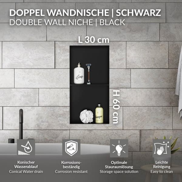 Suihkunurkkaus 2 tasoa 60x30 cm musta ruostumaton teräs uppoasennettava runko seinänurkkaus Suihkutarjotin LuxeBath