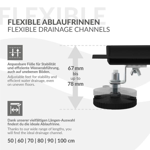 Duschränna i rostfritt stål 50 cm och sifon komplett set svart flat LuxeBath