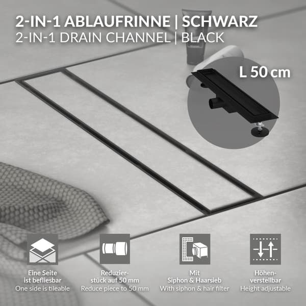Duschränna i rostfritt stål 50 cm och sifon komplett set svart flat LuxeBath