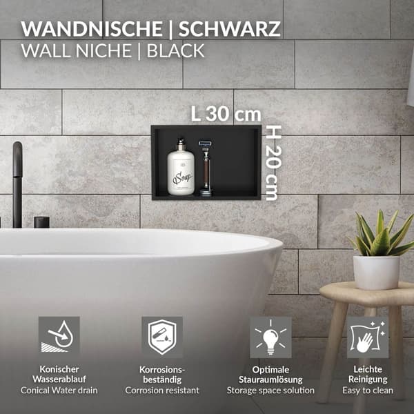 Duschbricka 30x20 cm svart rostfritt stål väggnisch Duschbricka LuxeBath