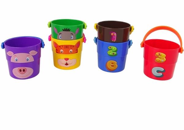 A set of colorful buckets with animals - a pyramid