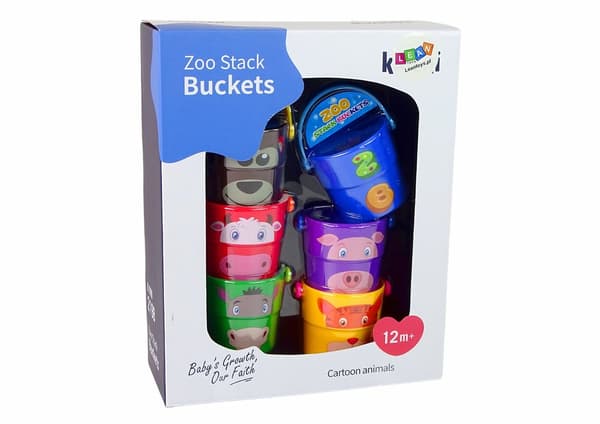 A set of colorful buckets with animals - a pyramid