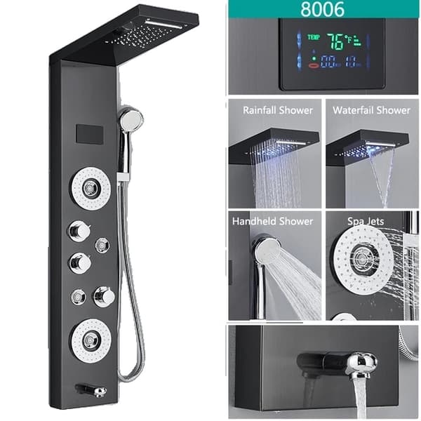 LED Brusehane, Temperatur Digital Display, Kropsmassage System, Sort 8006