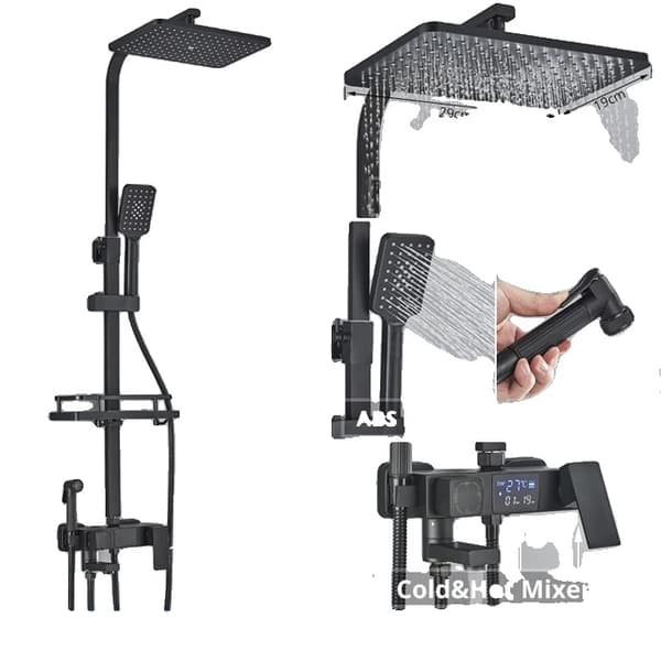 Brusearmatur, Termostatisk Digital Display, Regnbrusefunktion, Sort Termostatisk