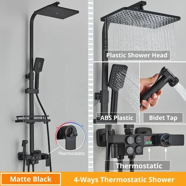 Brusearmatur, Termostatisk Digital Display, Regnbrusefunktion, Sort Termostatisk