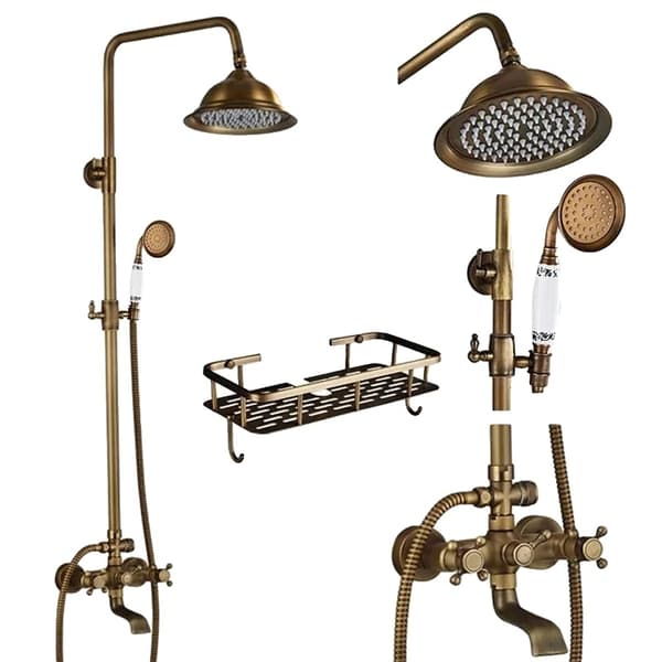 Antik mässing badrum duschset, dubbelhandtag, justerbar höjd 70-120cm,QT3-Q1 Hylla