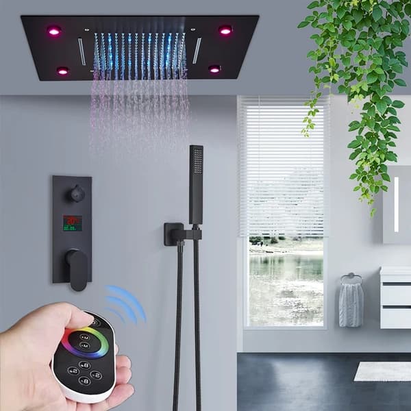 LED Brusehovedsæt med Fjernbetjening, Digitalt Display, Regn/Vandfald Tilstande,Matte Black = Mat Sort