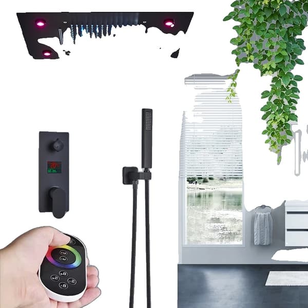 LED Brusehovedsæt med Fjernbetjening, Digitalt Display, Regn/Vandfald Tilstande,Matte Black = Mat Sort
