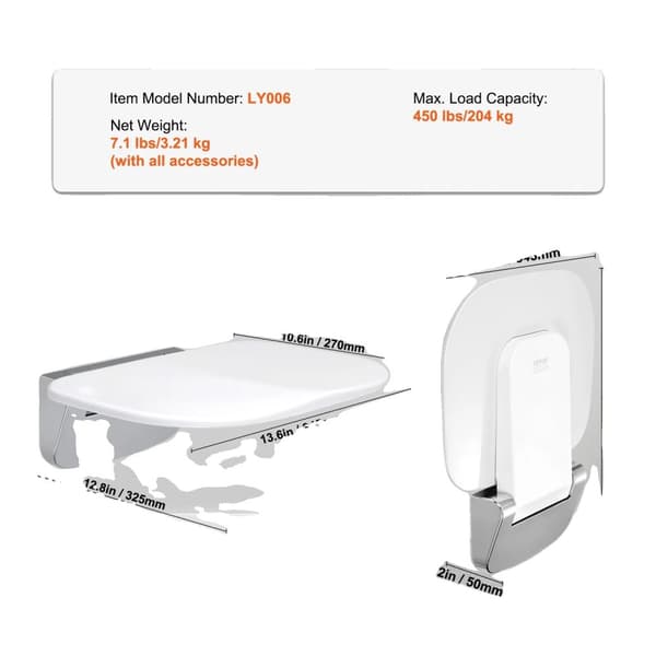 Sammenklappeligt Brusebadssæde, Kapacitet på 450 lbs, Kompakt Design,13,6 x 12,8 tommer