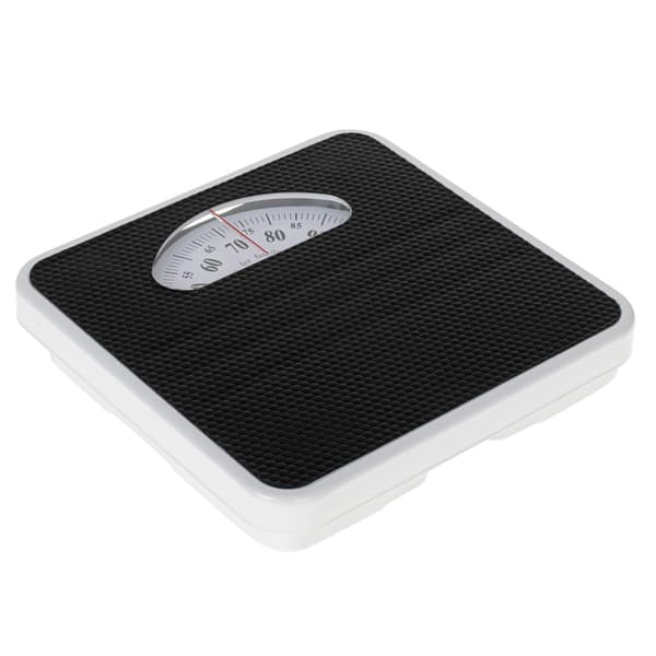 Mekanisk badrumsvåg med kapacitet på 136 kg och metallhölje