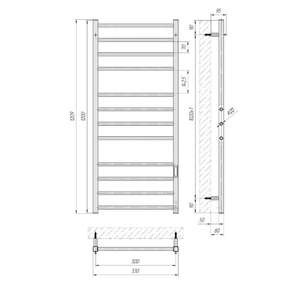 Elektrisk handdukstork ALFA (R3) 225W, 500x1200, Laris Ukraina, svart
